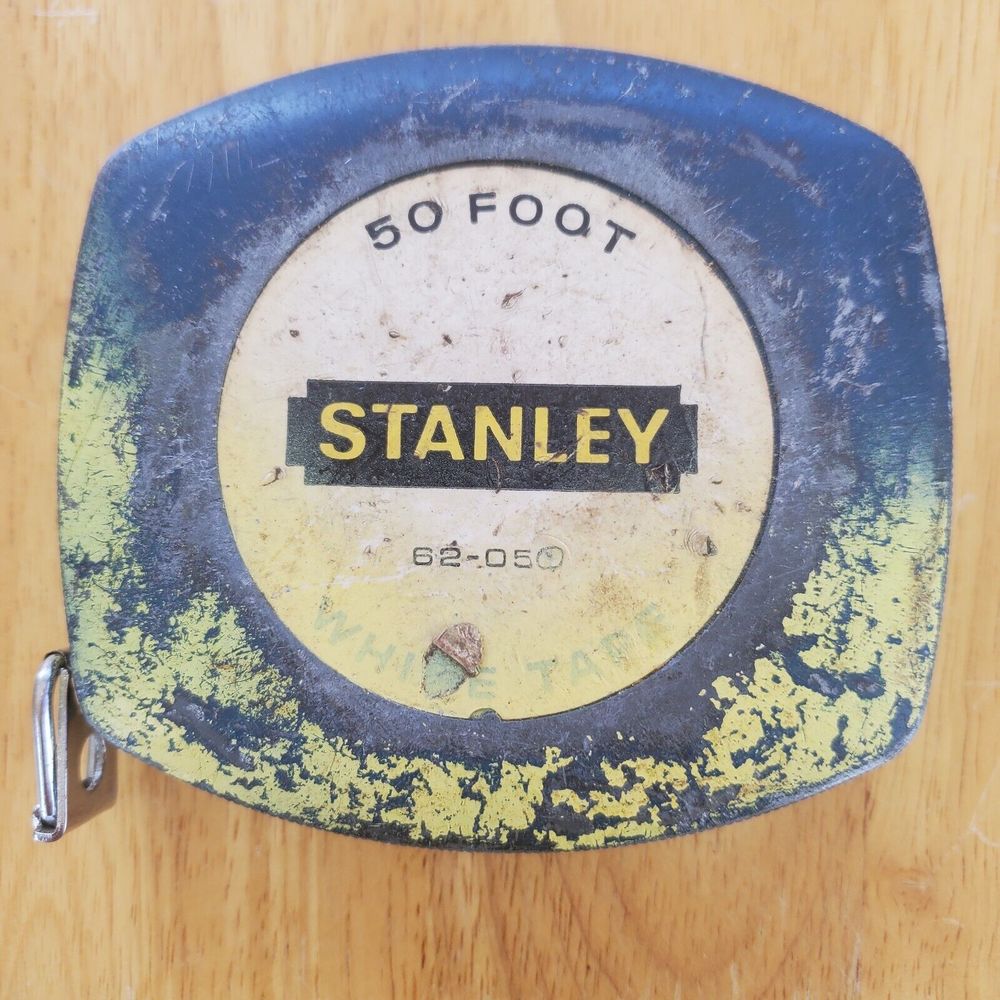 Vintage Stanley Tape Measure 50 Ft White Steel Tape Hand Crank Recoil